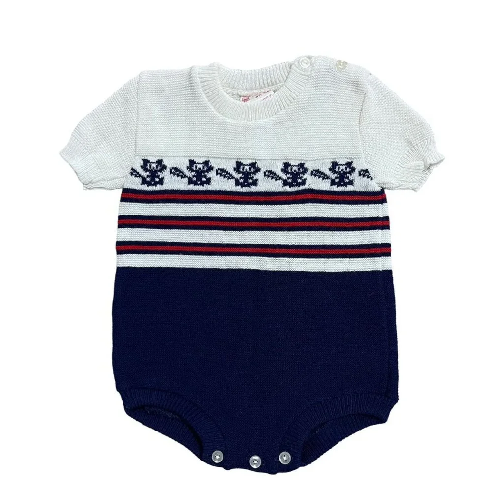 Vintage Friemanit L (6-12m) Fox Striped Sweater Bubble Romper
